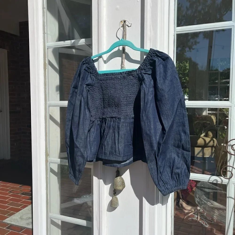 J Crew Puff Sleeve Chambray Smocked Top NWT
